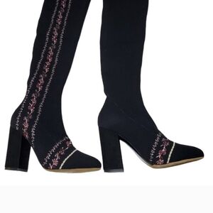 TABITHA SIMMONS Embroidered Over-the-knee Sock Boots,Size 5, Heel height 4 Inch